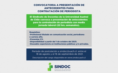 CONVOCATORIA A PRESENTACIÓN DE ANTECEDENTES PARA CONTRATACIÓN DE PERIODISTA